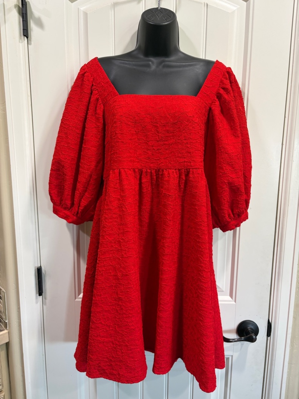 On You red puff sleeve bow back mini dress medium boho